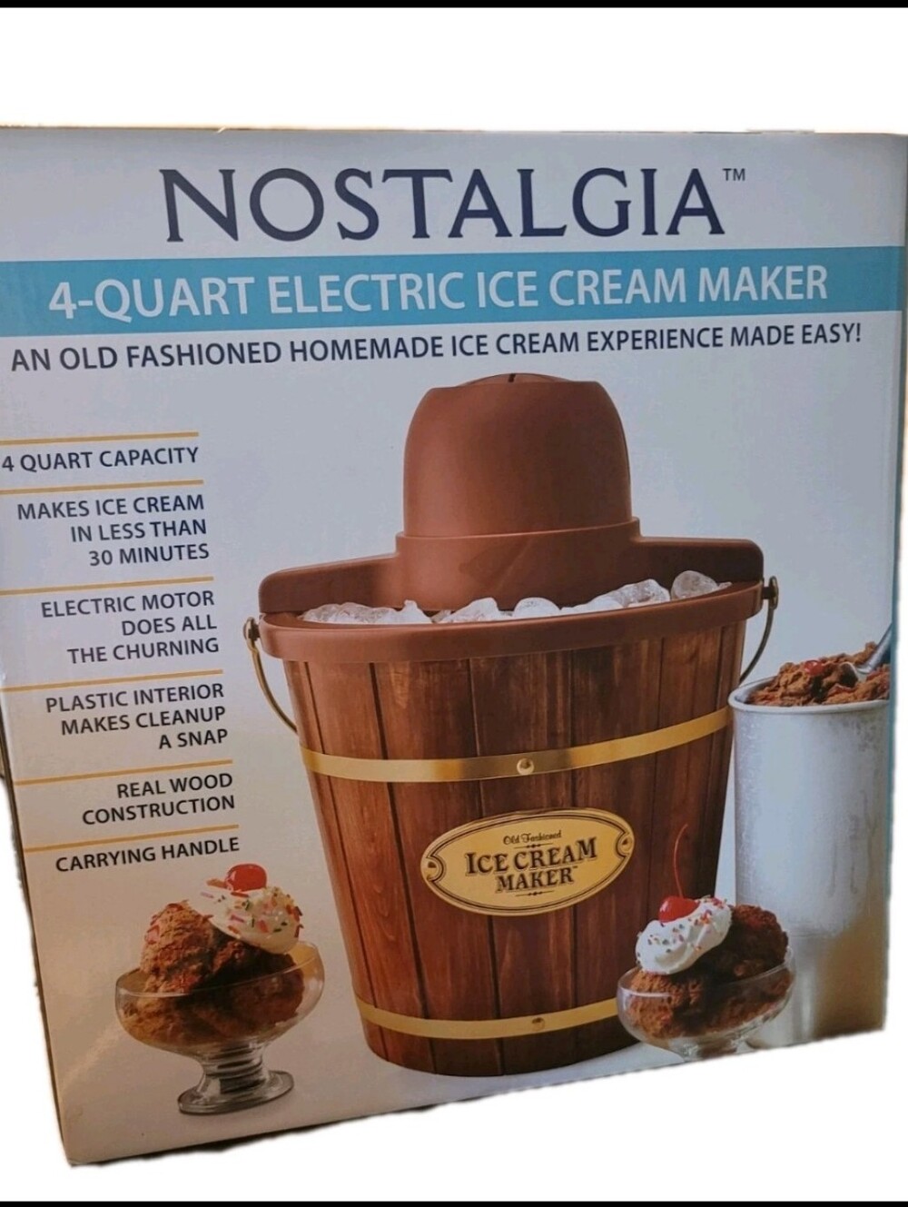 Nostalgia Electric Ice Cream Maker 4QT Wood Vintage Style Cottage Core New Box